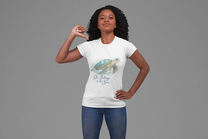She Belongs to the Sea – Coastal Turtle Women T-Shirt