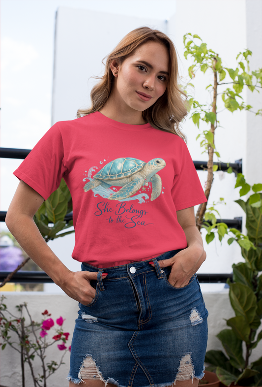 She Belongs to the Sea – Coastal Turtle Women T-Shirt